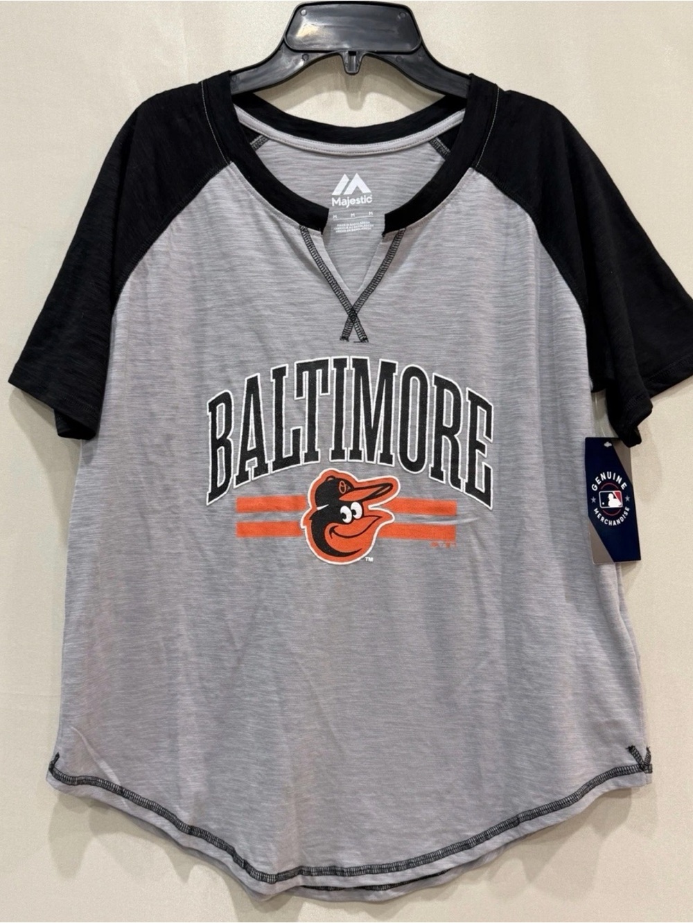 Majestic Baltimore Orioles Raglan Tee - Gray, Black & Orange NWT